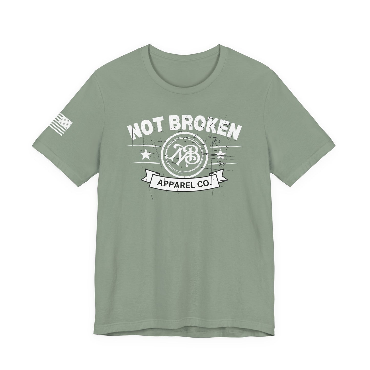 Green t-shirt with 'Not Broken Apparel Co' logo on a white background