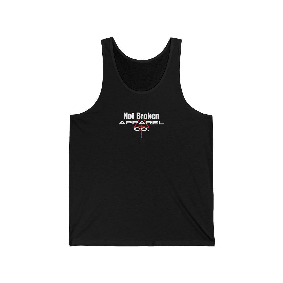 Black tank top with 'Not Broken Apparel Co.' text on a white background