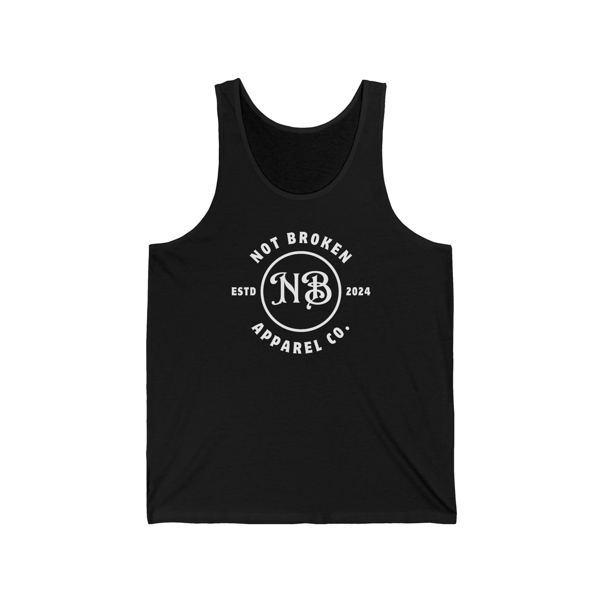Black tank top with white logo and text on a white background