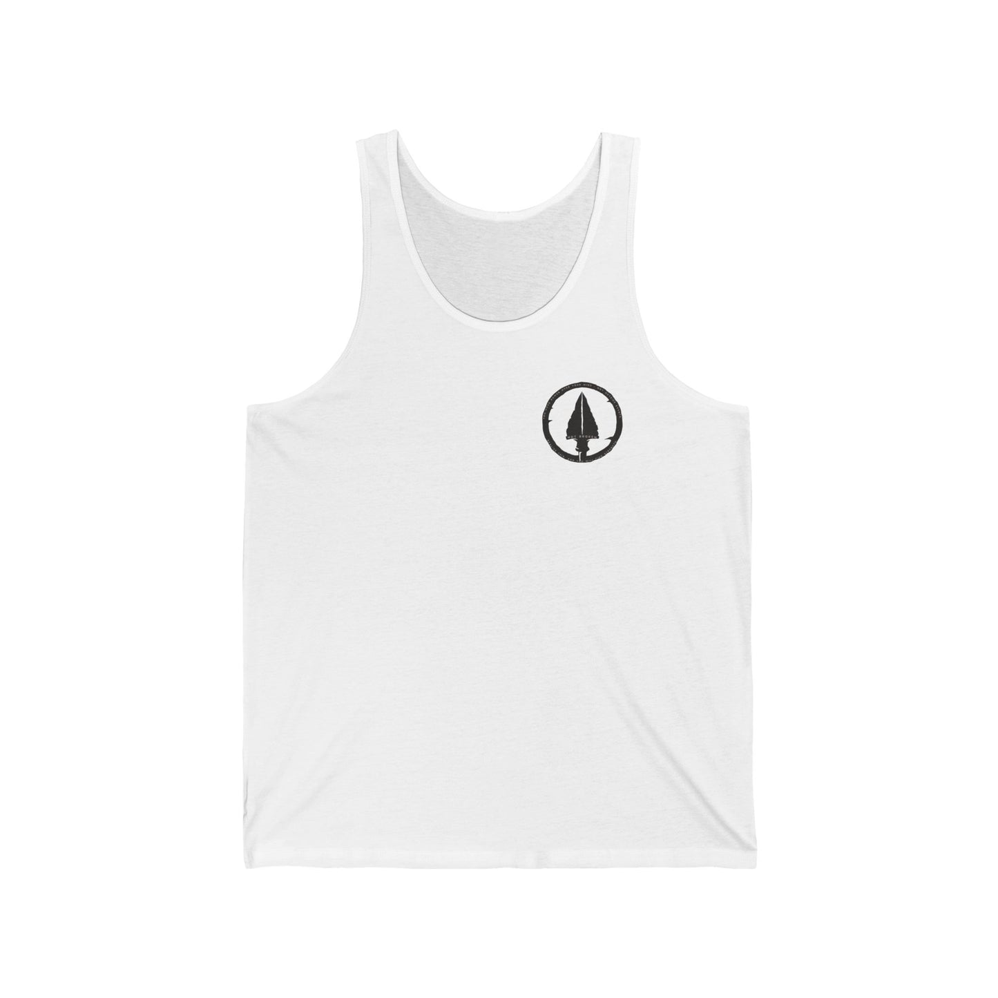 White tank top with a black logo on a white background