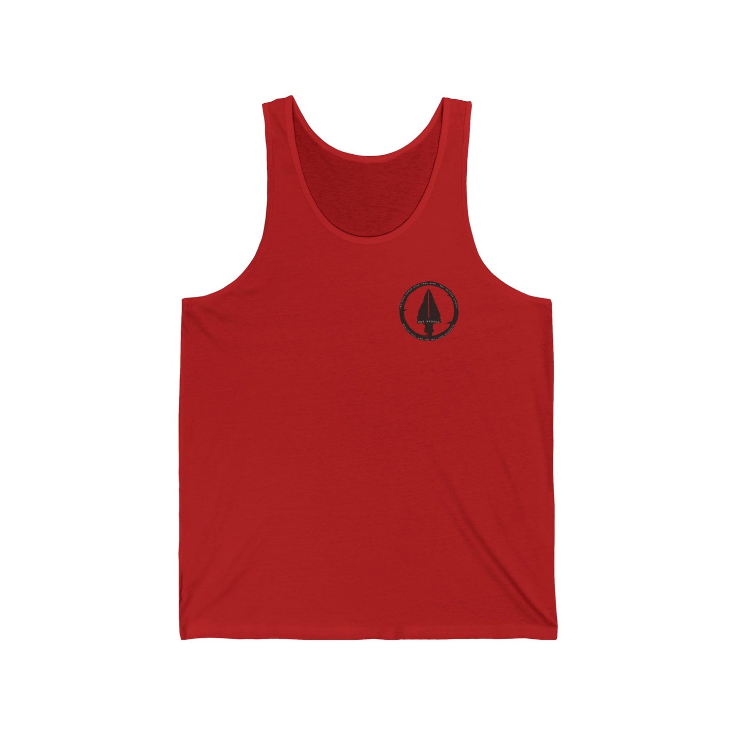 Red tank top with a black logo on a white background