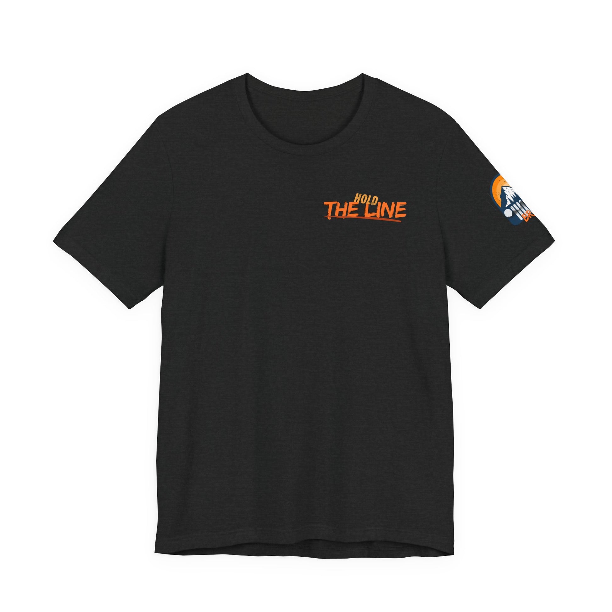 Black t-shirt with 'Hold The Line' text and logo on a white background