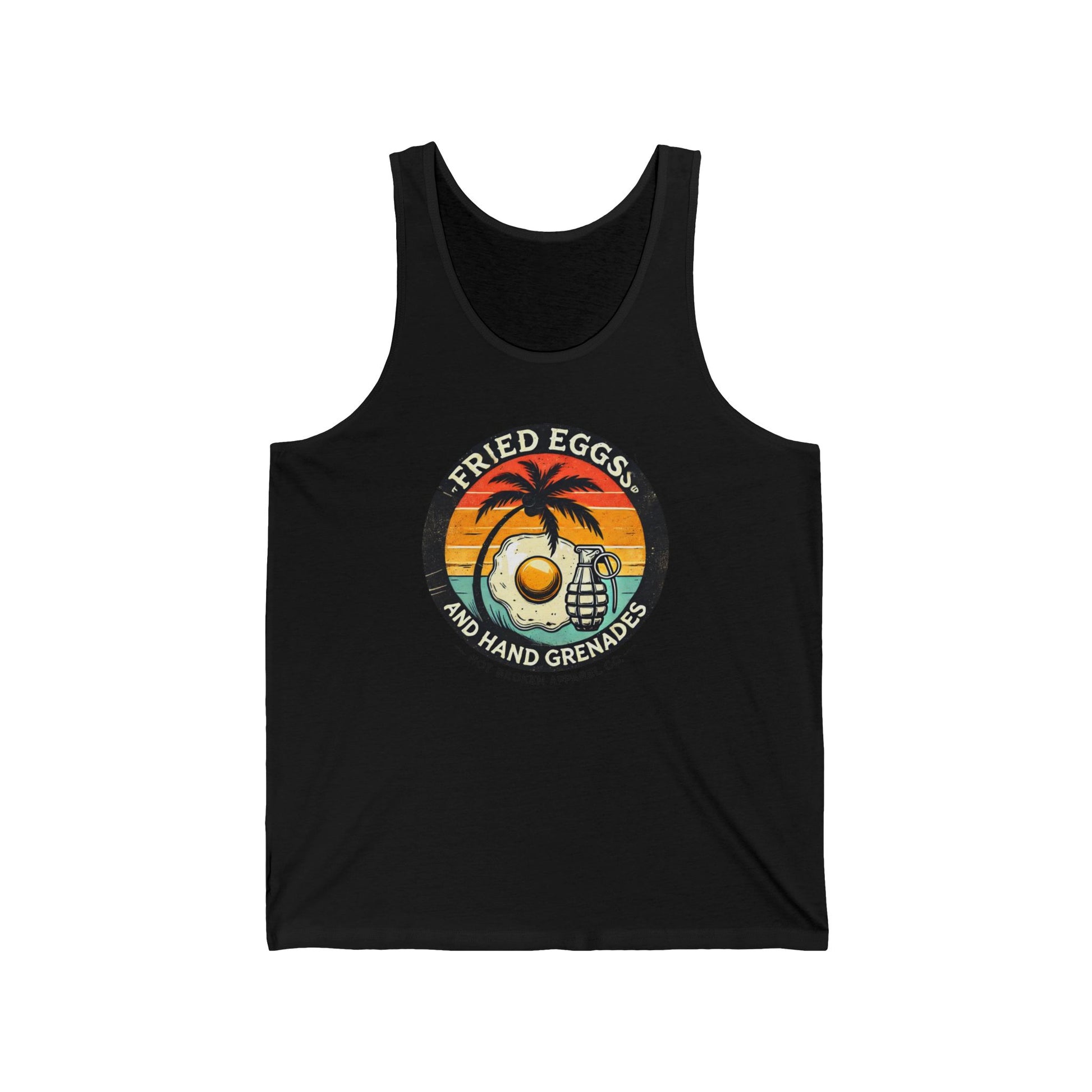 Black tank top with a graphic design featuring a palm tree, fried egg, and hand grenade on a white background.