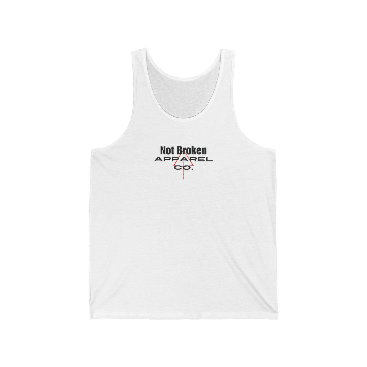 White tank top with 'Not Broken Apparel Co.' text on a white background