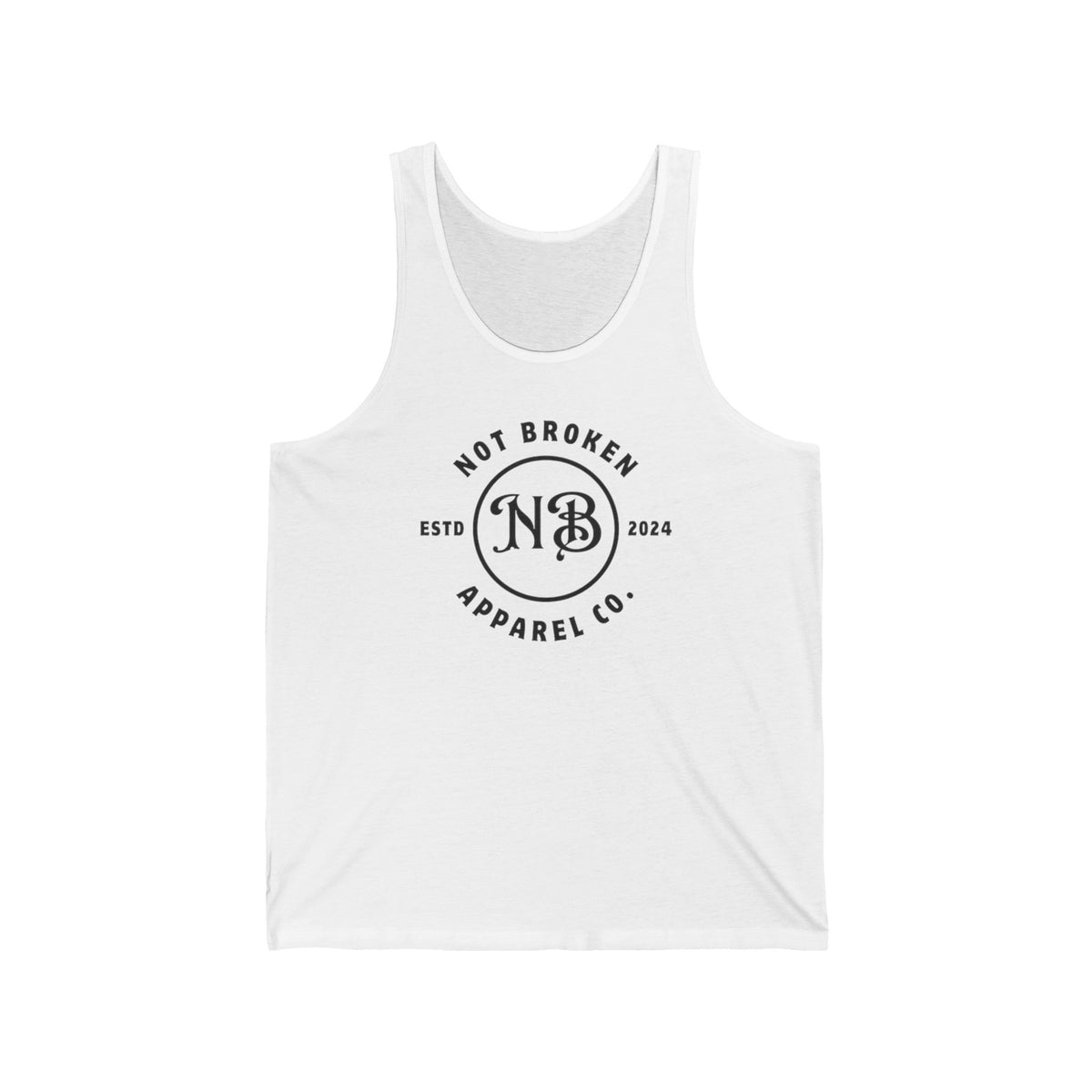 White tank top with 'Not Broken Apparel Co.' logo on a white background