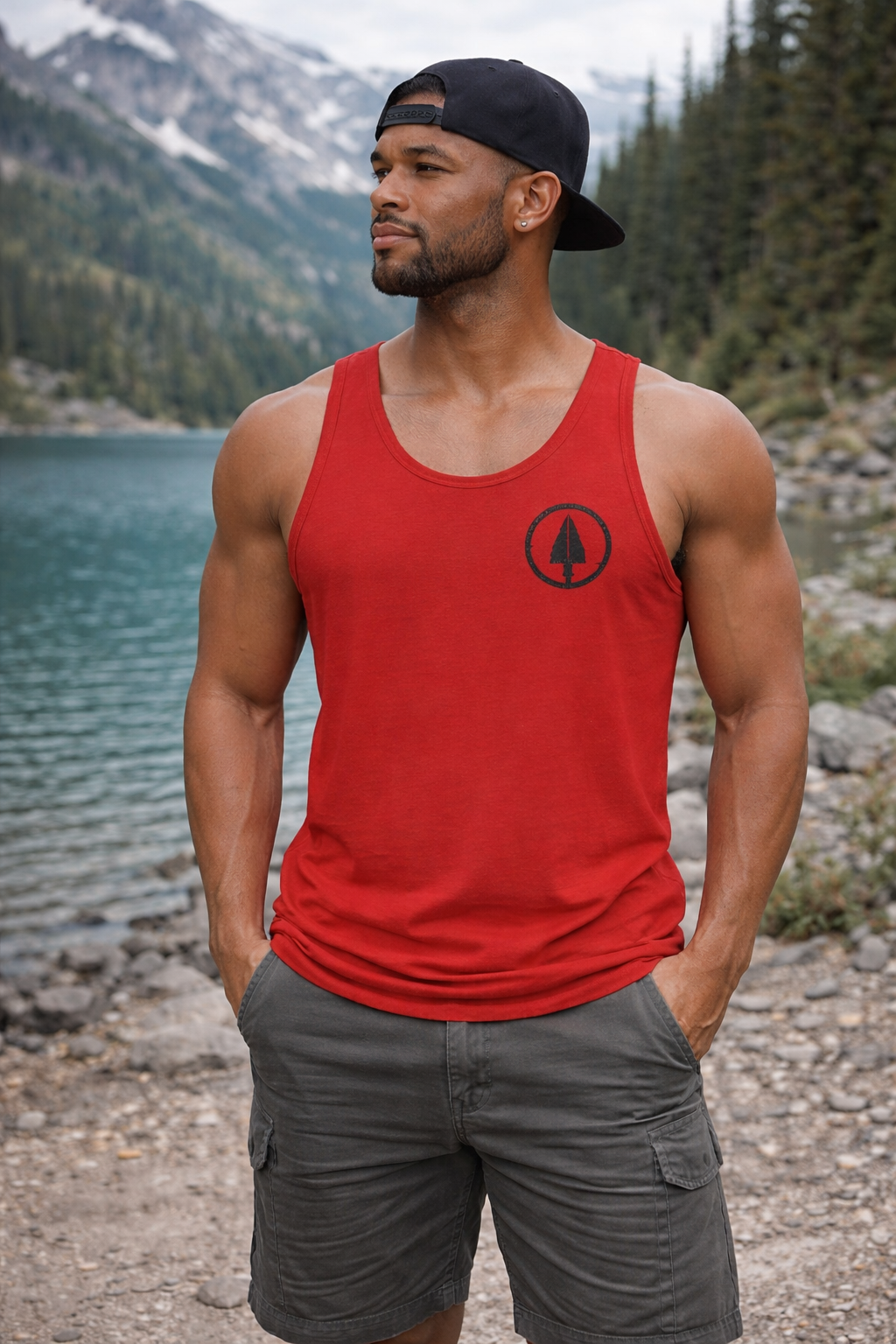 Athletic man in a gym wearing the red Mind Control tank top, focusing on mental health and tactical discipline.