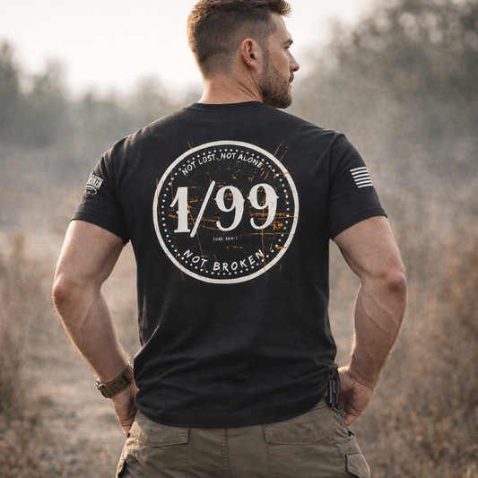 Back view of a man wearing the 1/99 veteran t-shirt, representing the one worth leaving the 99 to find Luke 15:4-7