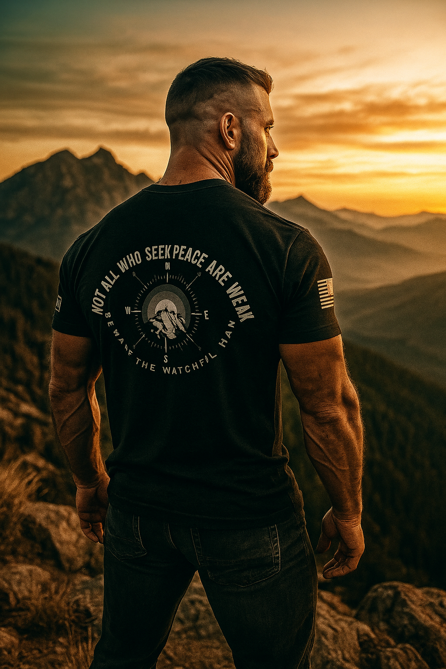 Back view of a man in a black Watchful tee featuring a Watchful eye and compass design overlooking a mountain sunset.