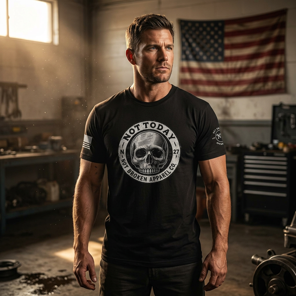Rugged athletic man wearing a Not Today skull graphic t-shirt in black, veteran-owned resilience apparel.