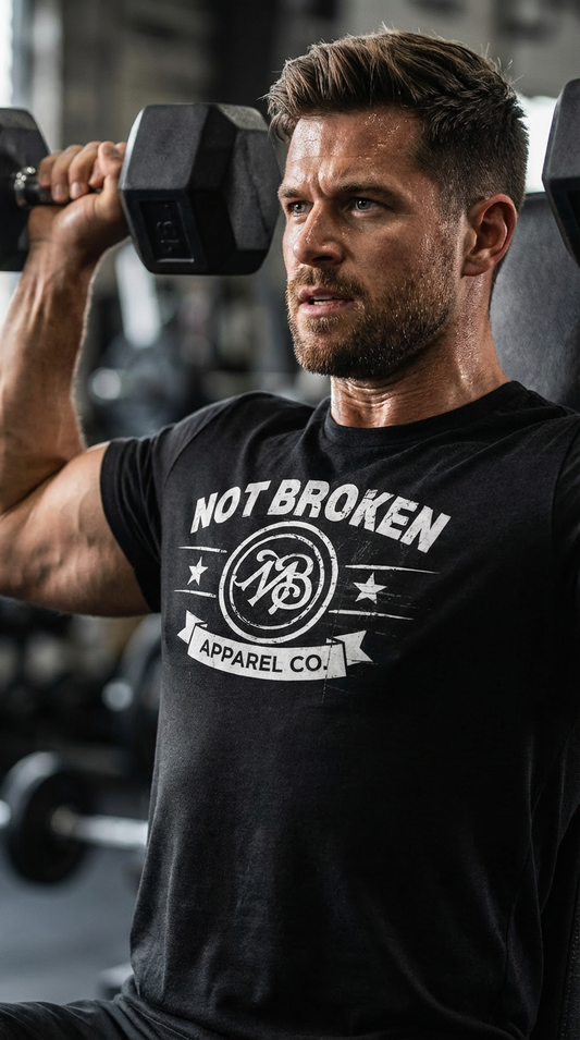 Athletic man mid-workout in a black Not Broken Emblem Tee, showcasing the classic brand logo for resilience and strength.