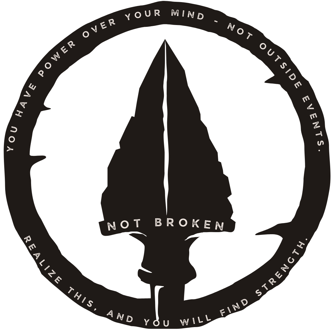 Black silhouette of a spear with motivational text on a white background