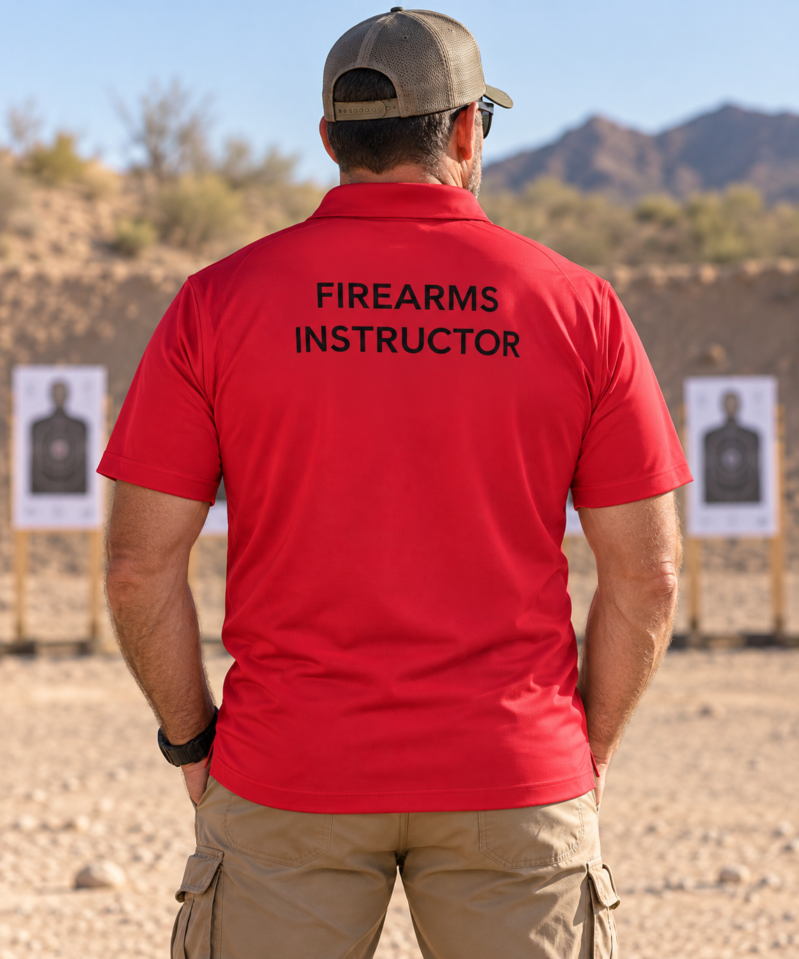 Back view of a red Firearms Instructor Performance Polo at a desert range, showing the large black back print.
