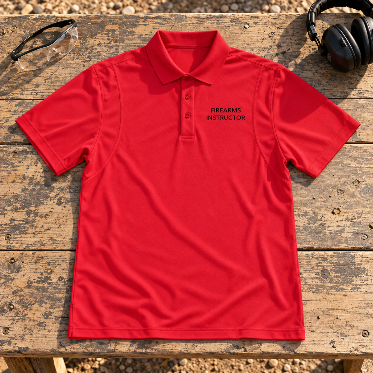 Red Firearms Instructor Performance Polo laid on a range bench, showing the collar, placket, and black chest print.