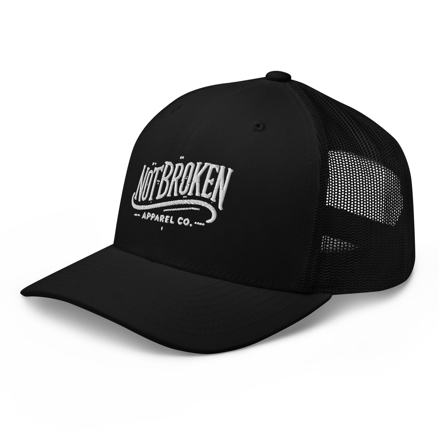 Premium black Not Broken Trucker Cap with white embroidered logo and breathable mesh back, tactical headwear.